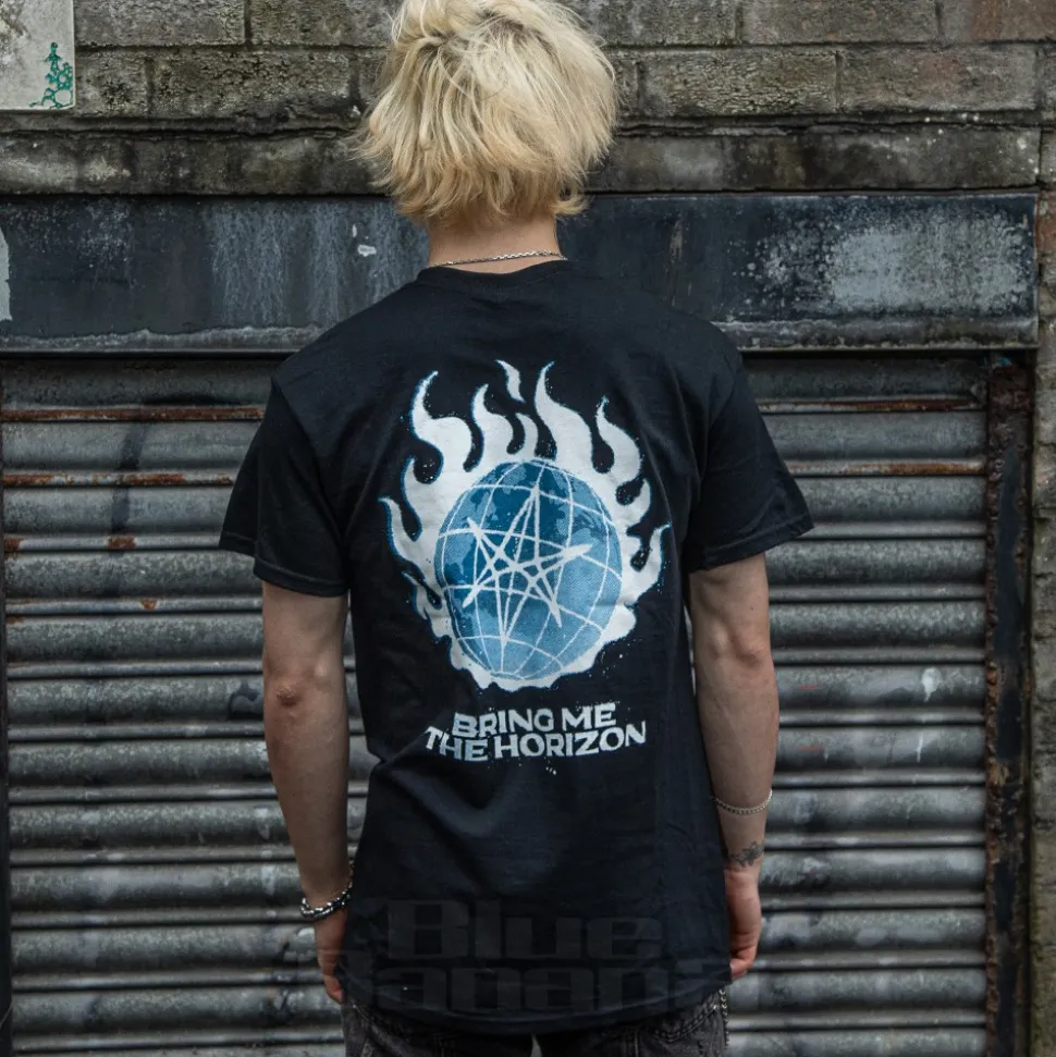 Official Bring Me The Horizon Blue Flame Globe T Shirt (Black)